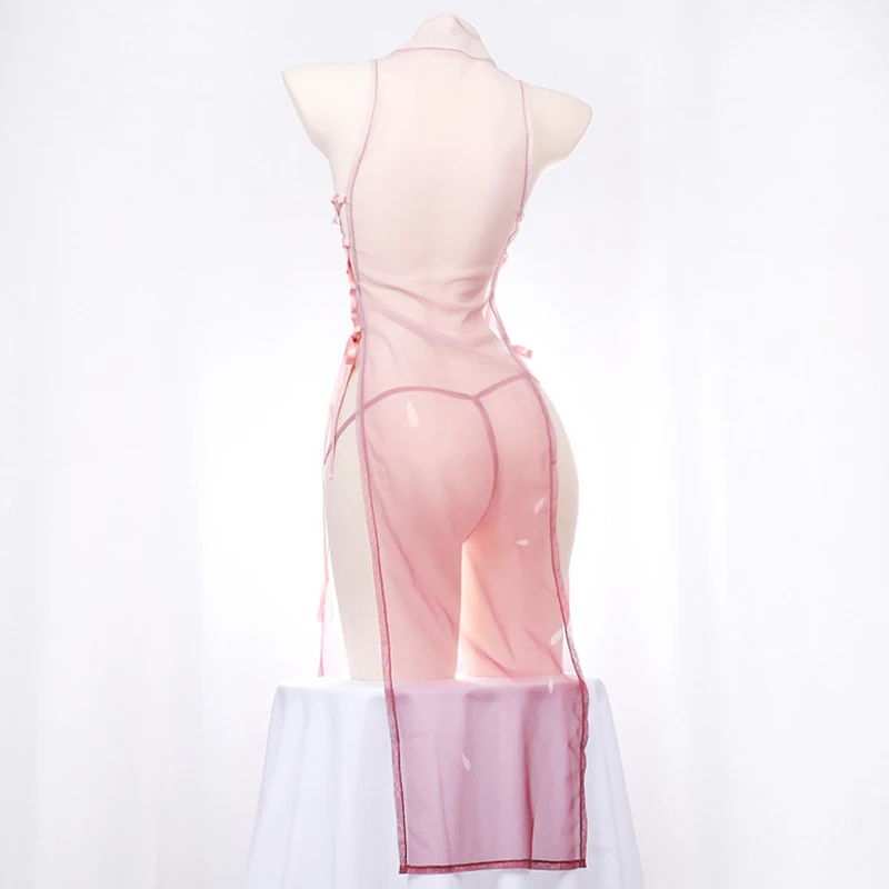 AniLV 2024 Spring New Pink Sakura Transparent Cheongsam Temperament Clothes For Women Moon Dress Outfits Set Erotic Costumes