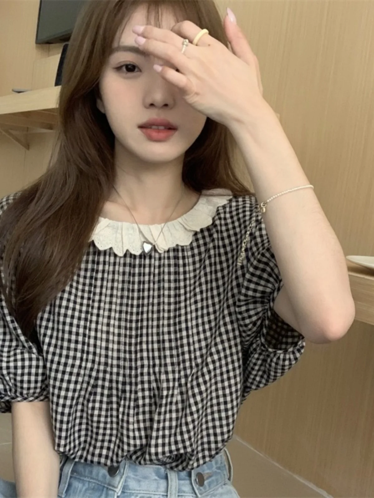 

Retro Plaid Loose Short Sleeve Bubble Sleeve Doll Collar Women's Shirt Summer Versatile Sweet Style Japanese Fashion Loose Fit