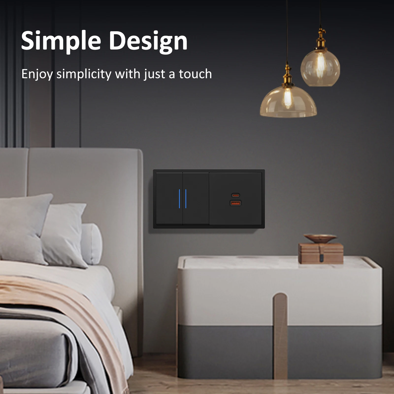 BSEED 1/2Gang 1Way Button Light Switch With 65W USB Type-C Fast Charge Socket Plastic Frame With LED Indicator Dimmer Switch