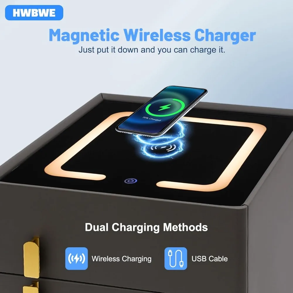 โต๊ะข้างเตียงพร้อมไฟ LED ชาร์จไร้สาย พร้อมกุญแจล็อคแบบผสมผสาน โต๊ะอเนกประสงค์ทันสมัยพร้อมไฟ LED 3 สี และที่เก็บของที่ปลอดภัย