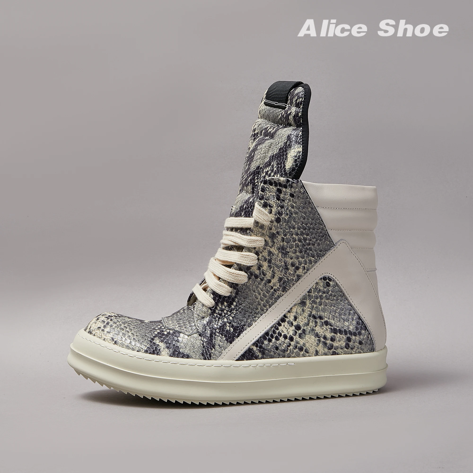 Brand Men Ankle Boot Casual Leather High Top Women Sneaker Python-Embossed Flat Luxury Trainer Designer Platform Grey Flat Shoe