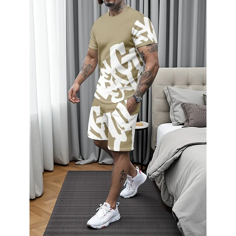 

2025 Men's Casual Short Sleeved Shorts Set with 3D Printed Design for Fashionable Home Wear