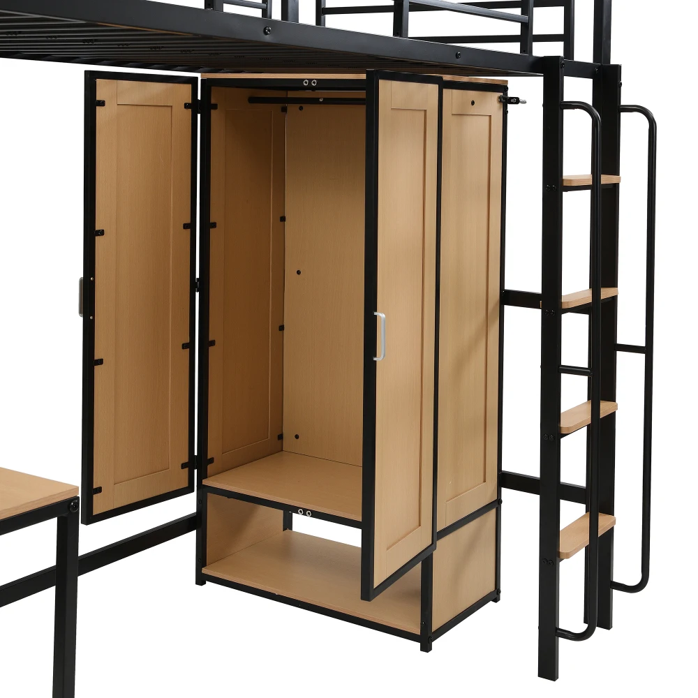 PINGGO Schwarz & Naturfarbenes Eisen-Etagenbett 90x200cm mit Kleiderschrank, Treppe, Schreibtisch, Staufächern, Metall, MDF, ohne Matratze – Detail 21