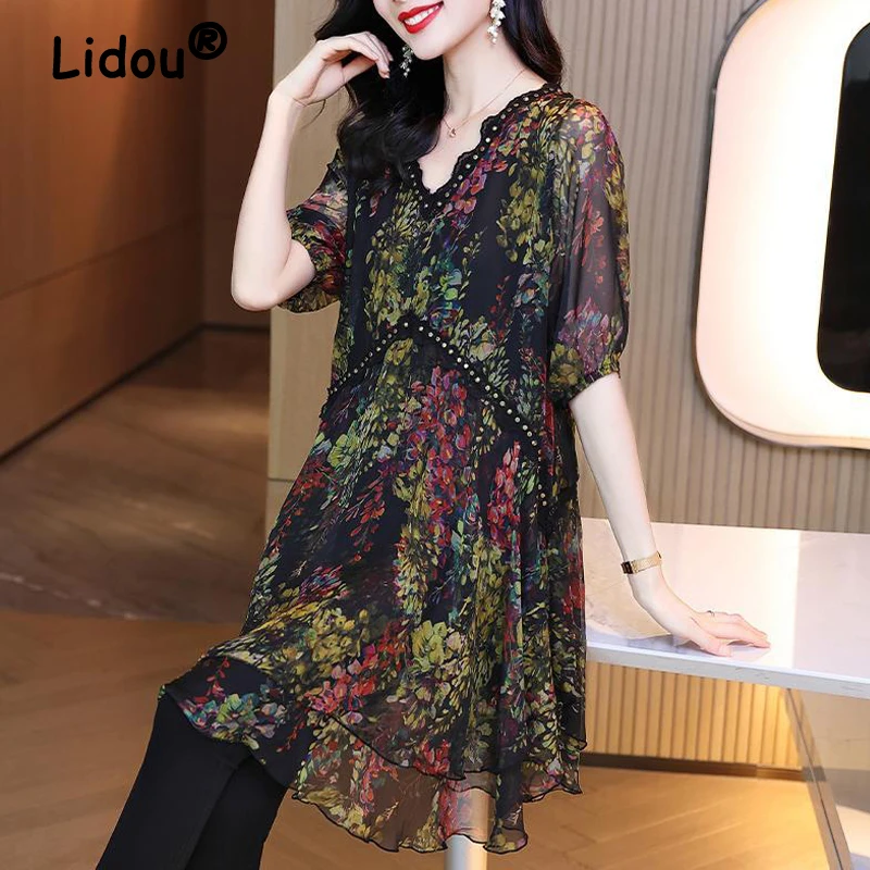 

Женское винтажное платье средней длины, элегантное свободное платье с цветочным принтом и кружевом в стиле пэчворк, летнее модное платье с V-образным вырезом и коротким рукавом