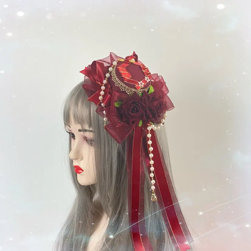 Lolita Sweet Red Top Hat Lolita Flower Wedding Bride Hair Accessories Burgundy Headgear Rose Hair Clip