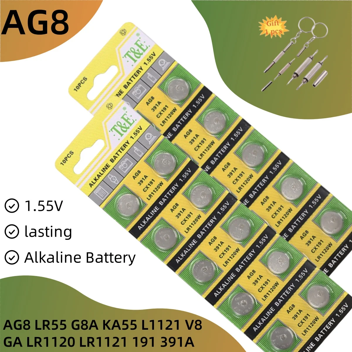 

AG8 2-50pcs LR55 G8A KA55 L1121 V8GA LR1120 LR1121 191 391A Watch Battery 1.55v 54mAh 1.55V Button Coin Cell Batteries For Toy
