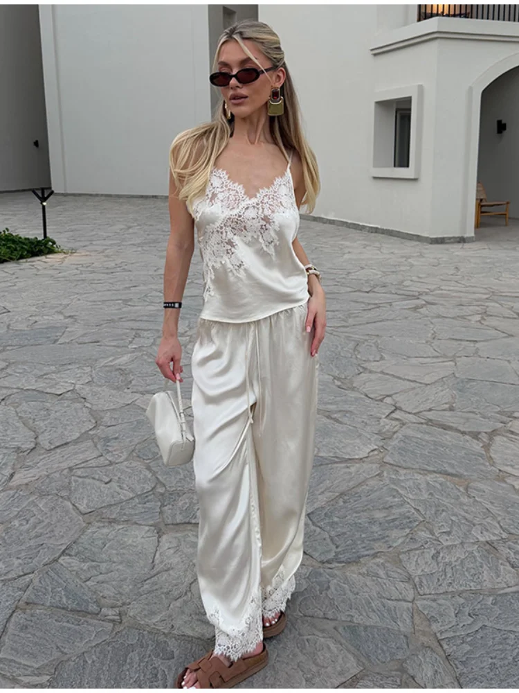 2026 Summer Autumn Elegant Lace Patchwork Top Shorts Women's Set Beach Sling Button Vest Trousers Beach Lady Outfit New