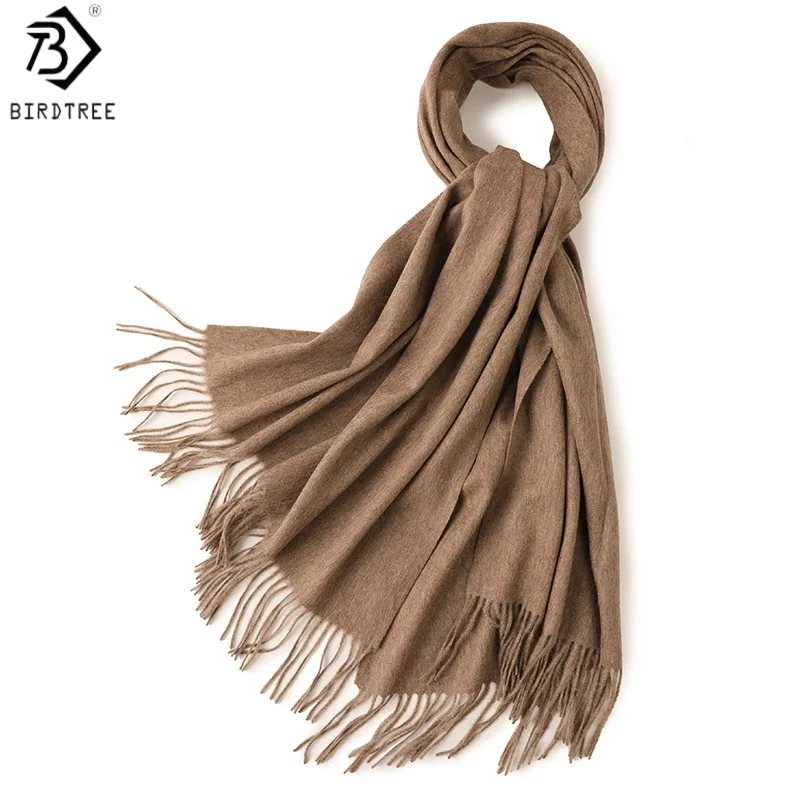 birdtree-100-sheep-wool-men-women's-warmth-scarf-solid-tassel-shawl-scarves-2026-winter-new-soft-gift-neckerchief-s68306jf