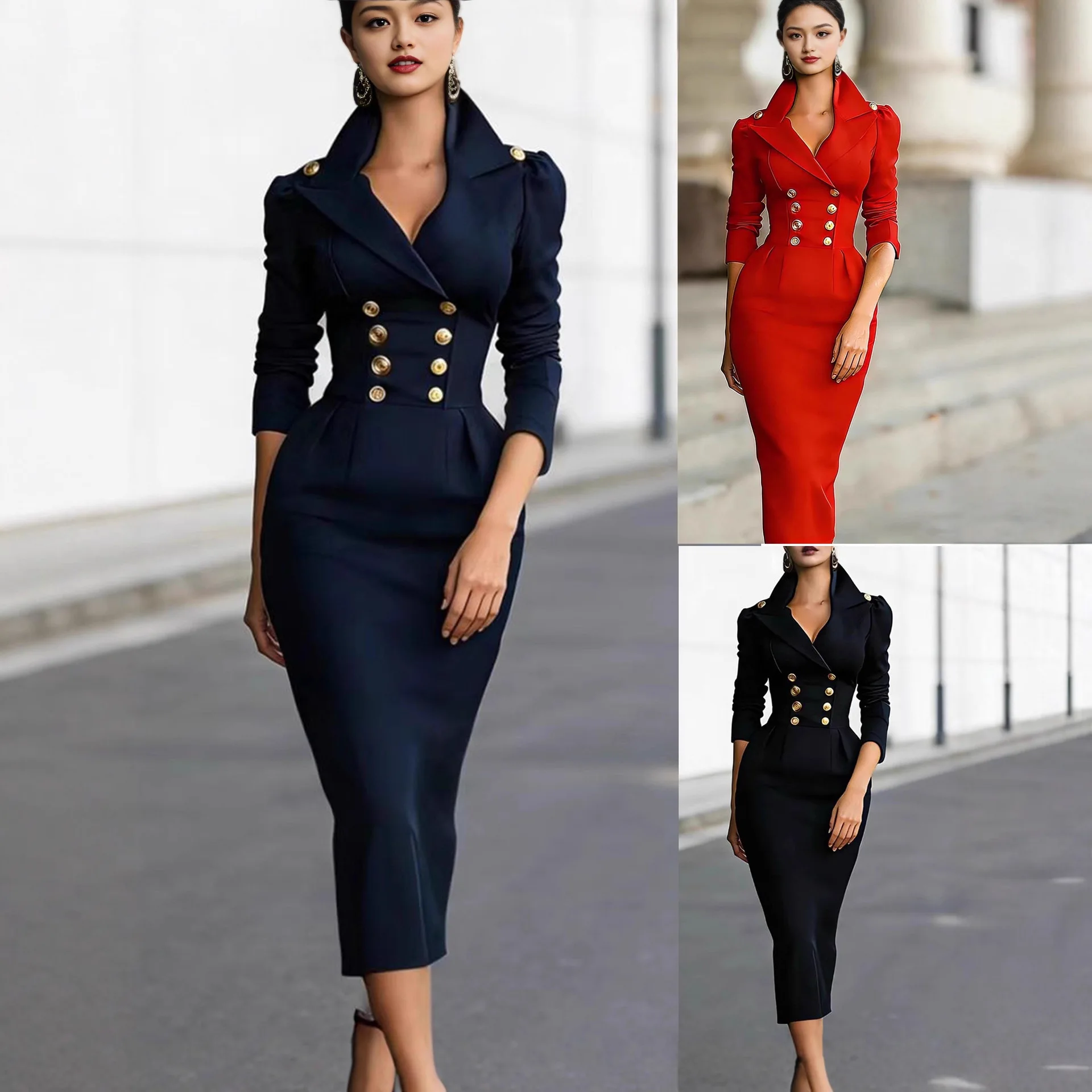 

Spring Autumn Button Patchwork Party Dress, Women Holiday Long Sleeve Elegant Maxi Dress, 2026 Fashion V Neck Slim Ladies Dress