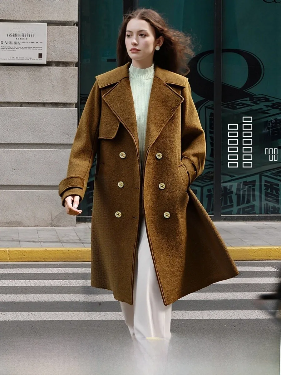 

Женское шерстяное пальто OLrain с темно-синим воротником, длинное, для повседневной носки, осенне-зимнее, новинка, свободный крой, прямое пальто для женщин