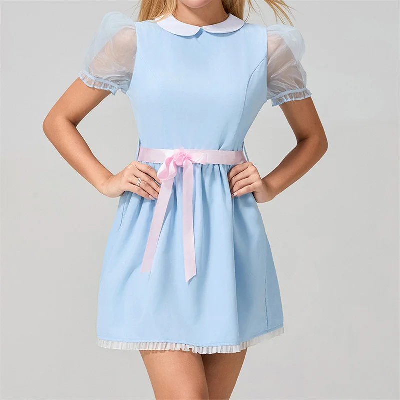 Women Sweet Doll Collar Mini Dress Preppy Style Mesh Short Sleeve Shirt Dress Y2k Bow Belt Lolita Sundress Cutecore Costume