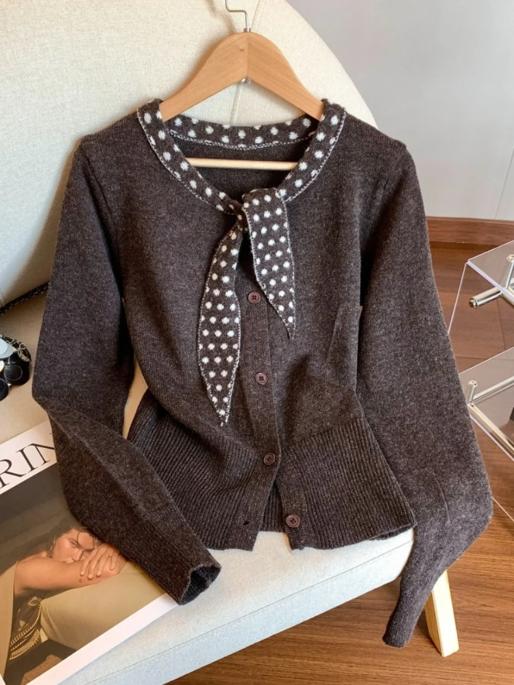 

Small fragrant style fake two piece polka dot knitted cardigan women's autumn and winter high-end commute sweater top