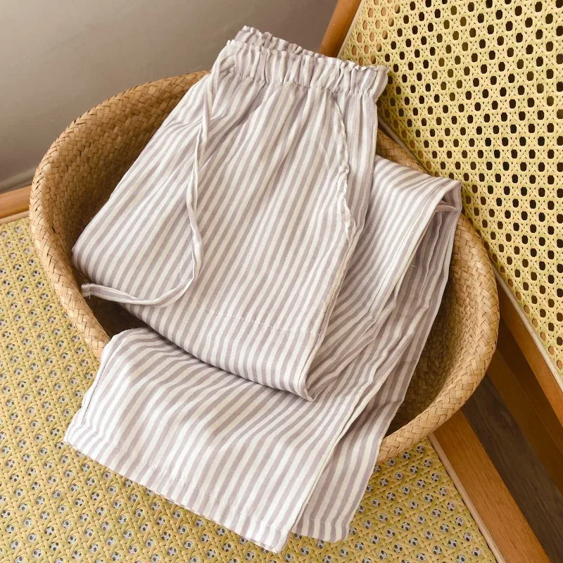 2026 neue Damen-Schlafhose für Frühling/Sommer, 100 % Baumwollgaze, gestreifte Leine, gestreift, lockere, dünne Heimhose