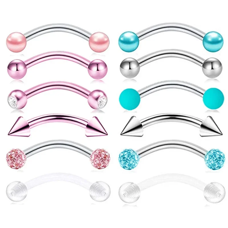 6Pcs/lot Stainless Steel Crystal Eyebrow Piercing Set 16G CZ Curved Barbell Helix Daith Piercing Lot Lip Rings Snake Eyes Bulk