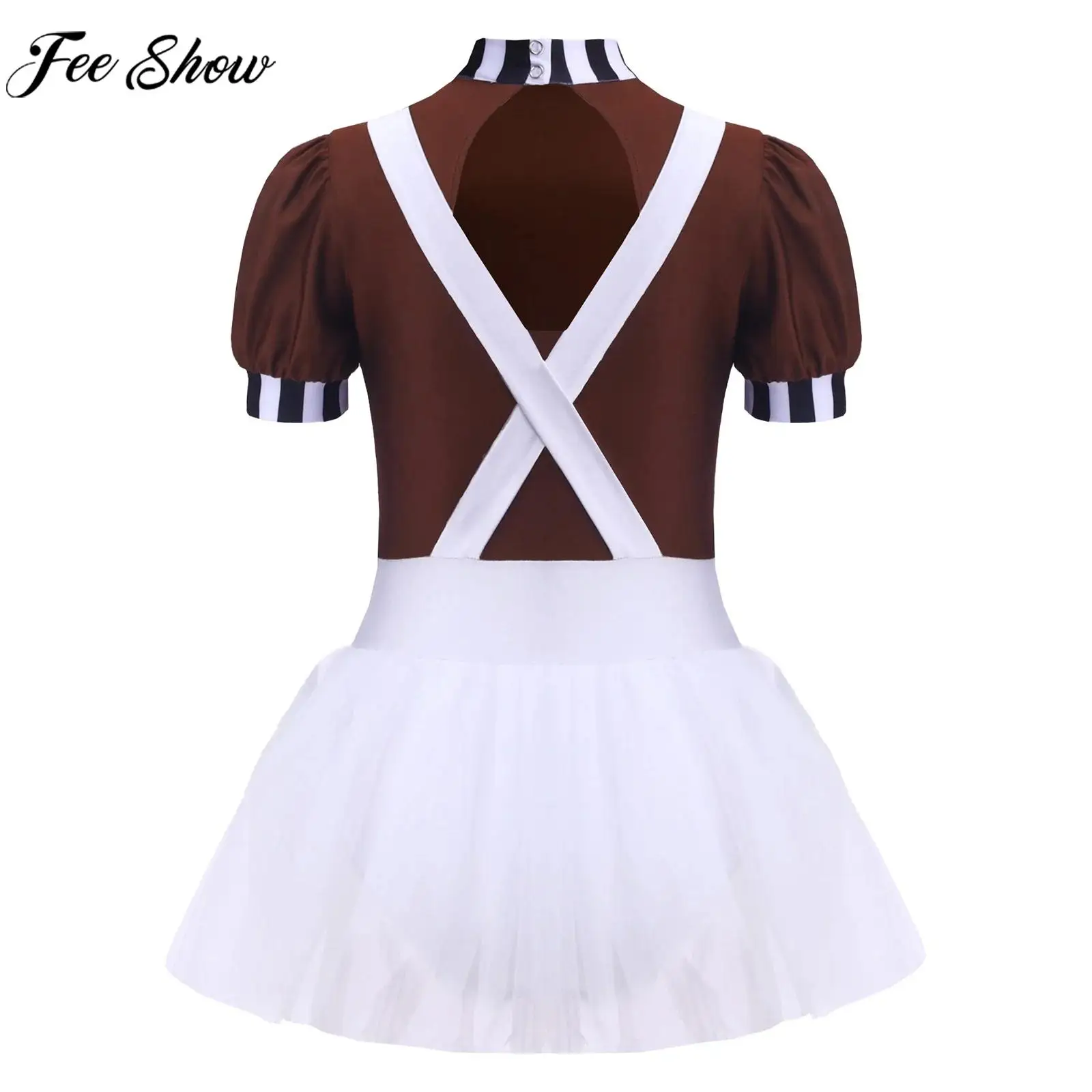

Kids Girls Chocolate Factory Worker Cosplay Costume Short Sleeve Mesh Tutu Leotard Dress for Halloween Theme Party Masquerade