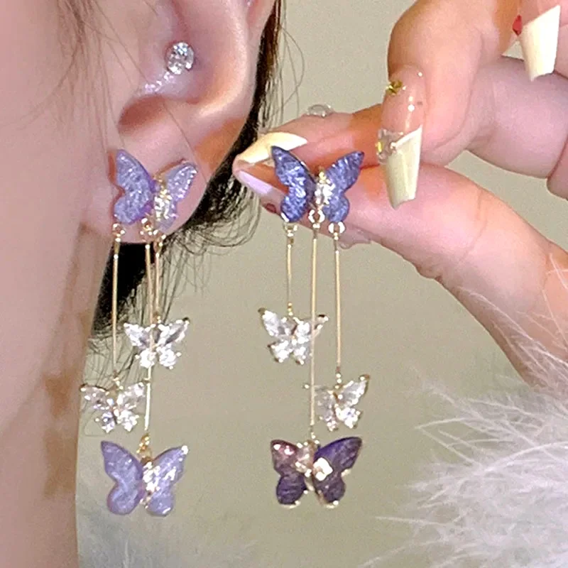 925 Silver Needle Purple Butterfly Long Tassel Earrings For Women Jewelry 2026 Trending Korean Fashion Luxury Crystal Earrings