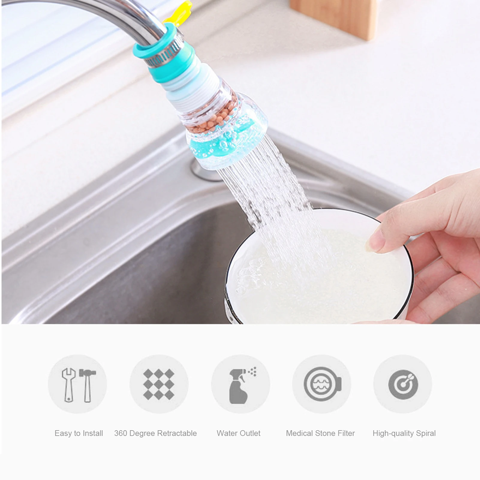 Splash-Proof Kitchen Tap Filter Retractable Tap Head Faucet Nozzle Extender 360-Degree Adjustable Filtration Softener Water Tap