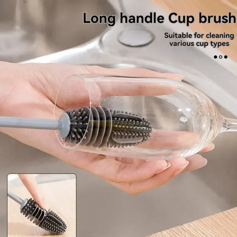 Silicone Milk Bottle Brush Cup Scrubber Glass Cleaner Long Handle Drink Bottle Clean Brush Kitchen Cleaning Tool