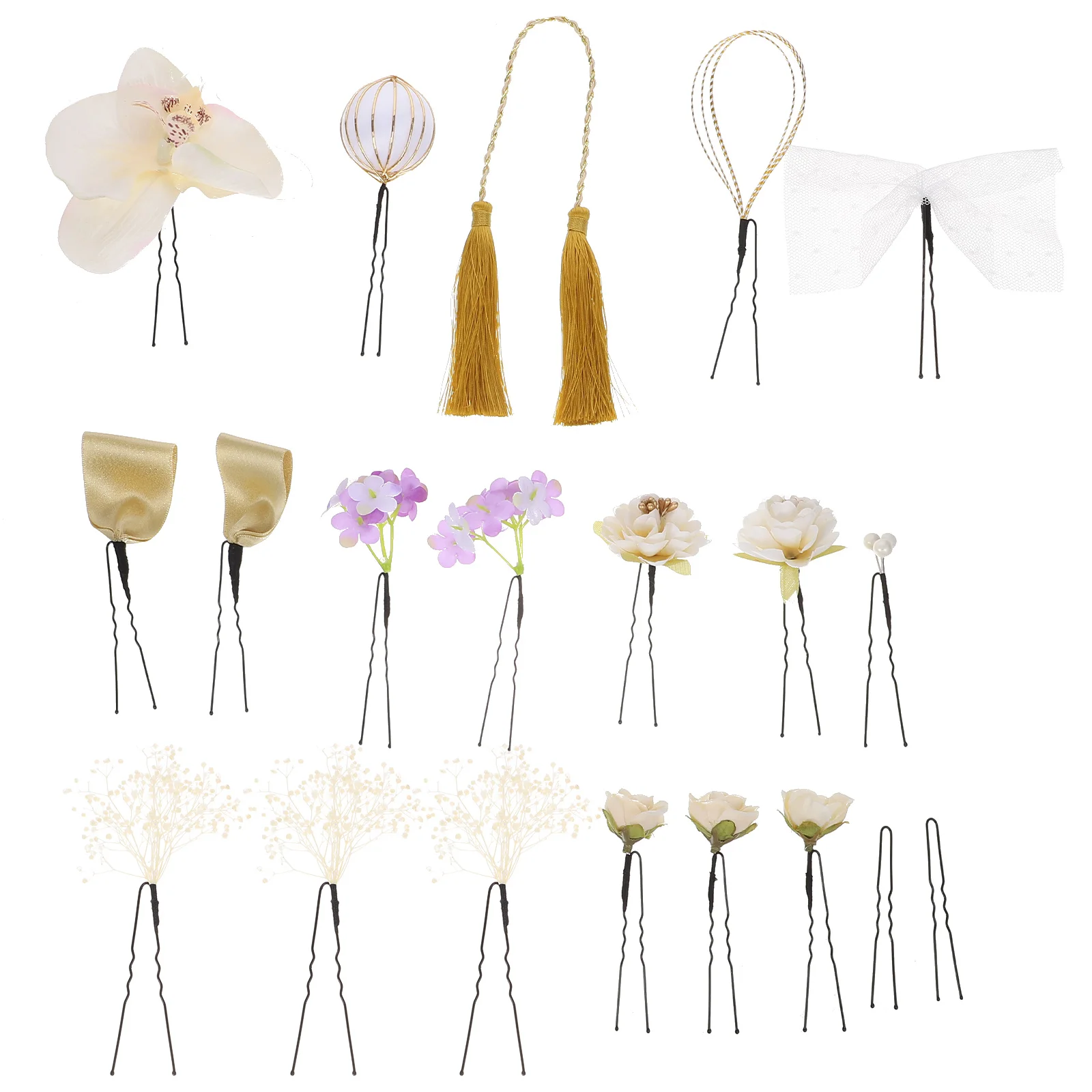 

18pcs Japanese Hair Accessories Set Silk Flower Pins Bridesmaid Clips Mesh Decorative Sticks Kimono Hair Stick for Photography