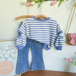 Conjunto de ropa de moda coreana para niñas, sudadera a rayas, Tops y pantalones vaqueros acampanados, trajes de traje de primavera y otoño, 2 piezas