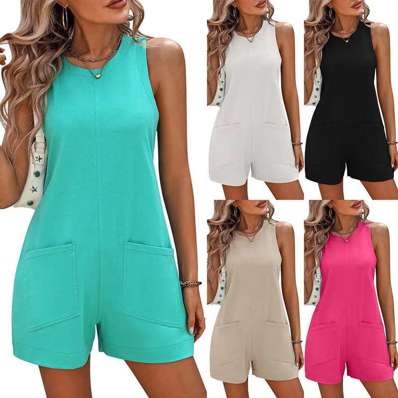 Casual Short Jumpsuit Woman Short Playsuit Solid Color Loose Wide Leg Short Sets With Pockets 2024 Trend Sleeveless Rompers