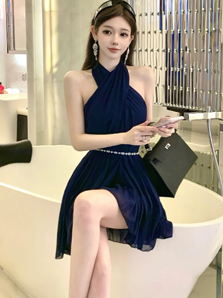 Women Blue Chiffon Pleated Bodycon Chain Bandage Dress Summer Elegant Neck-mounted Sexy Mini Dress 2025 Korean Casual Prom Dress