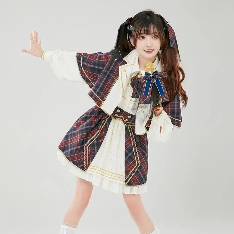 

Japan Lolita Girl Womens Long Sleeve Shirt Plaid Short Cape Coat Skirt Team Skirt Suit JK Uniform Stage Outfits