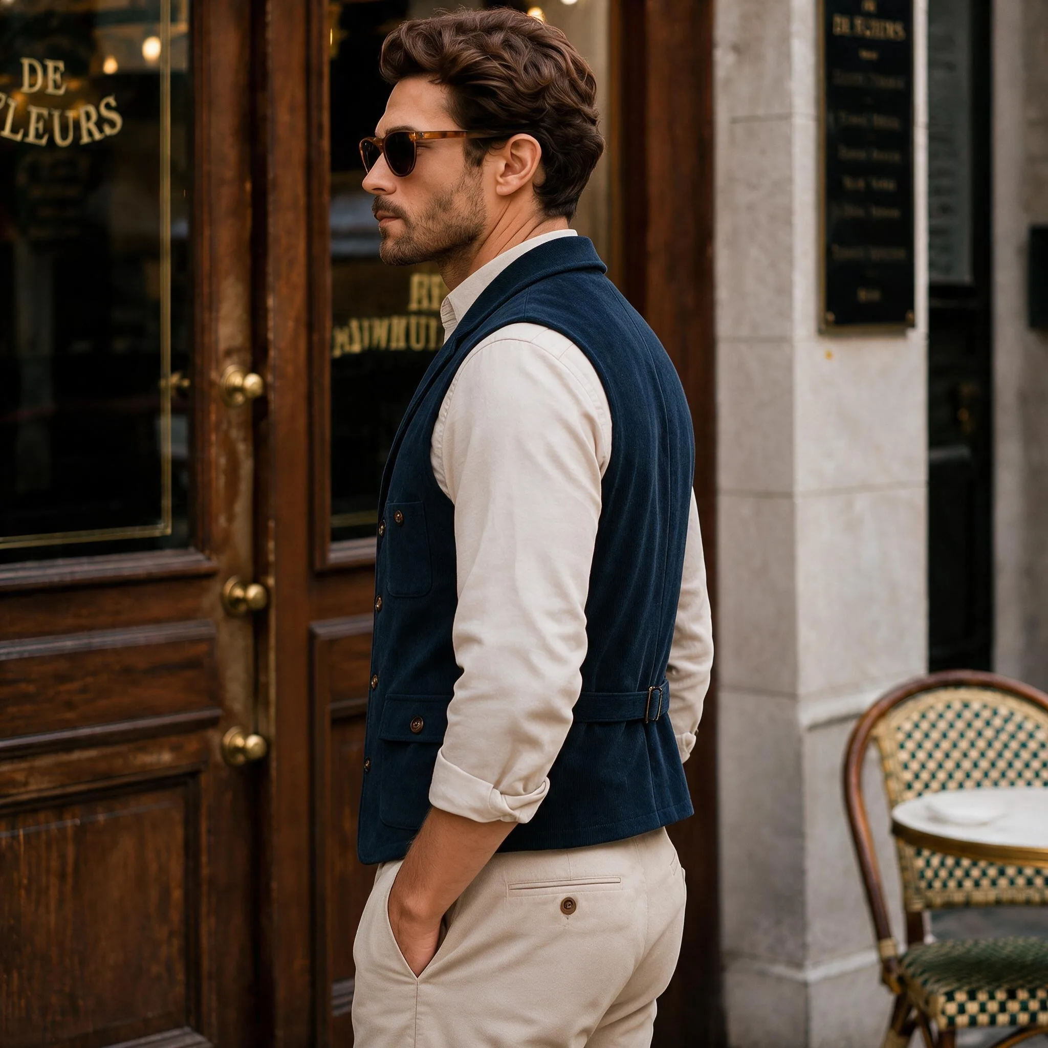 Herren Vintage Cord-Anzugweste mit Revers, Verstellbarem Rückengurt, Ärmellos, Business-Casual-Gilet mit Mehreren Taschen – Detail 20