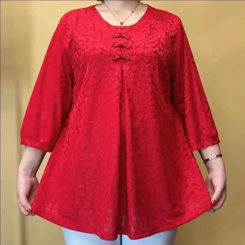 2024 New Summer Oversized Elegant Fashion Loose Casual Office Lady T-shirts for Women Print O Neck 3/4 Sleeve Chiffon Chic Tops