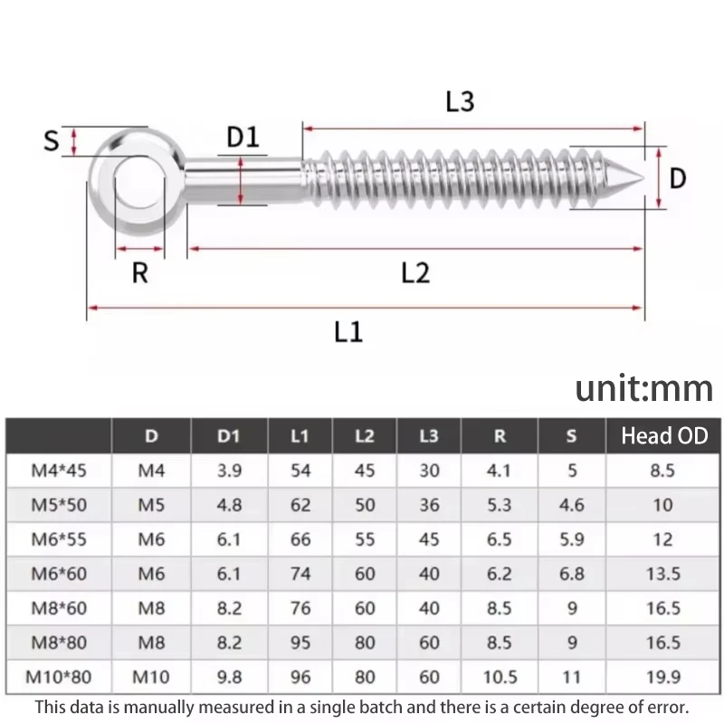 316 Stainless Steel Eye Shape Screws Wood Terminal Ring Eyelet Hooks Self Tapping Wire Rope Accessories M4 M5 M6 M8 M10