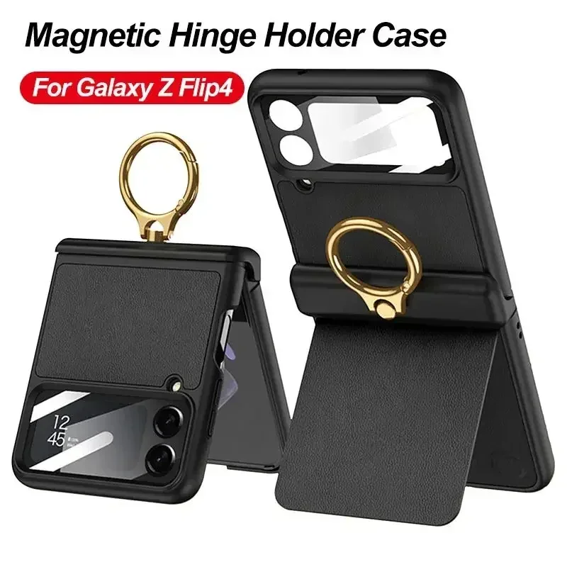 

RICKE Plain Leather Flip Holder Case For Samsung Galaxy Z Flip 4 Magnetic Hinge Outer Screen Glass Cover For Galaxy Z Flip4 Case