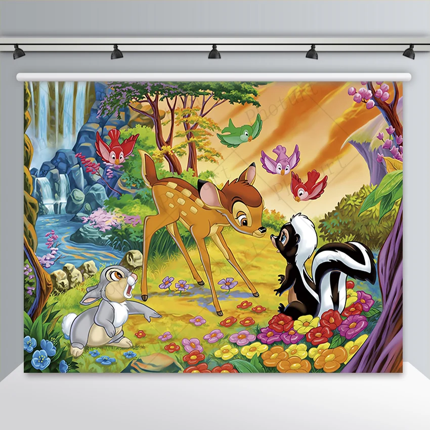 Disney Bambi Deer Backdrop Kids Birthday Baby Shower Background Forest Animals Polyester Vinyl Photography Decoration Props