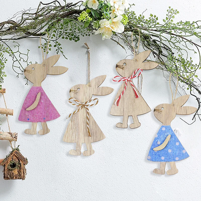 

4pcs/set Easter Rabbit Wooden Pendant DIY Wood Hanging Craft Cute Bunny Easter Ornament Home Party Decoration Supplies Kids Gift