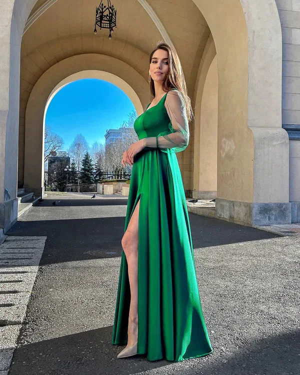 Green Shiny Satin Long Floor Length Party Dress Women Sexy Mesh Long Sleeve Tie Up Split Evening Prom Dress