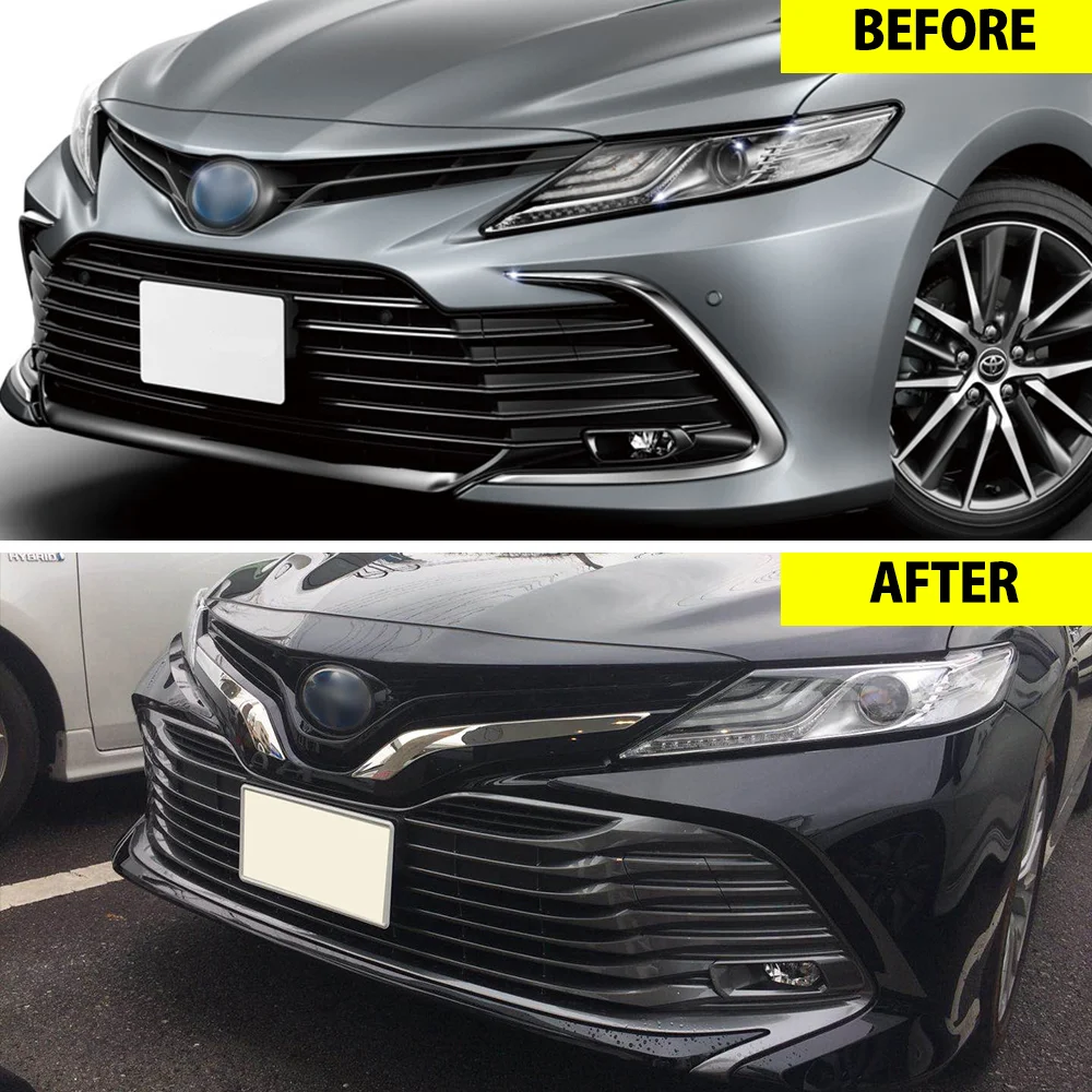 2 قطعة شعار السيارة الأمامي شريط الكسوة السفلي لتويوتا كامري 70 2017 الفولاذ المقاوم للصدأ الكروم اكسسوارات السيارات التصميم حامي ملصقات #4