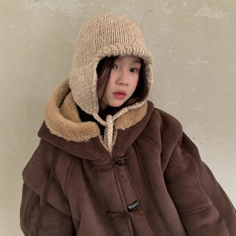 2025 Winter Hot Selling Girls' Cow Horn Button Fur Integrated Hooded Lamb Fur Children's Mid Length Jacket