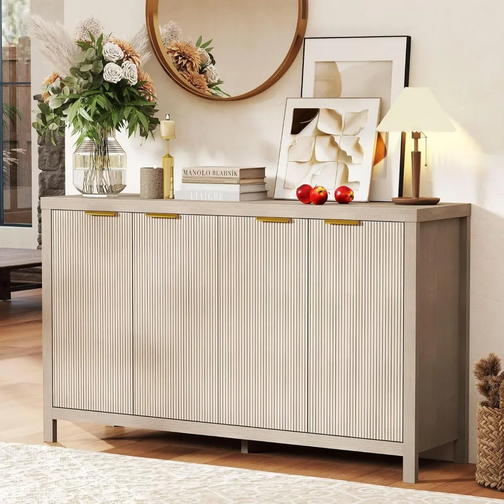 Modern Wood Multifunctional 3D Striped Pattern Credenza