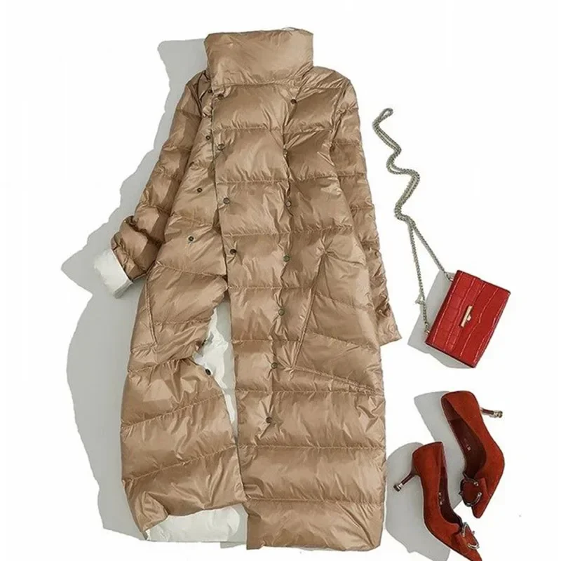 Fitaylor Women Double Sided Down Long Jacket White Duck Down Coat Winter Double Breasted Warm Parkas Snow Outwear