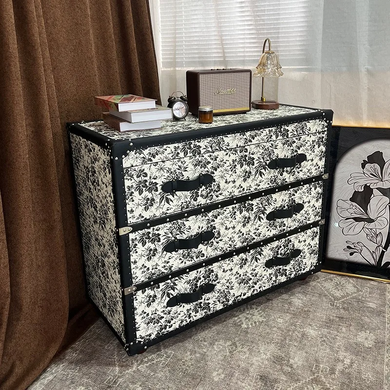 French medieval black and white forest ink flower thought bud printing side cabinet drawer storage porch six chest cabinet