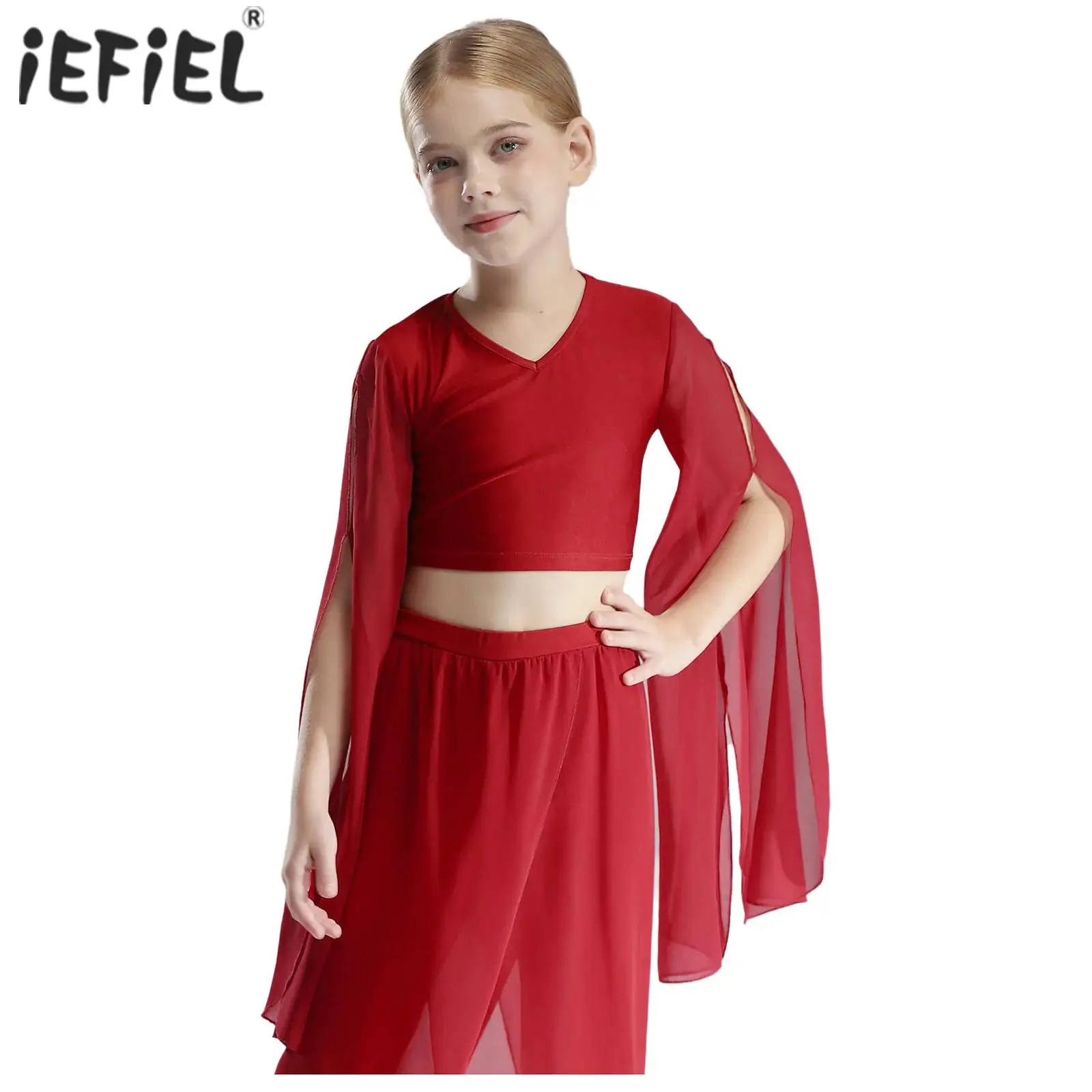 

Детские элегантные классические балетные топы для современных танцев для девочек, укороченный топ с v-образным вырезом и расклешенными рукавами, костюм для танцевальной практики