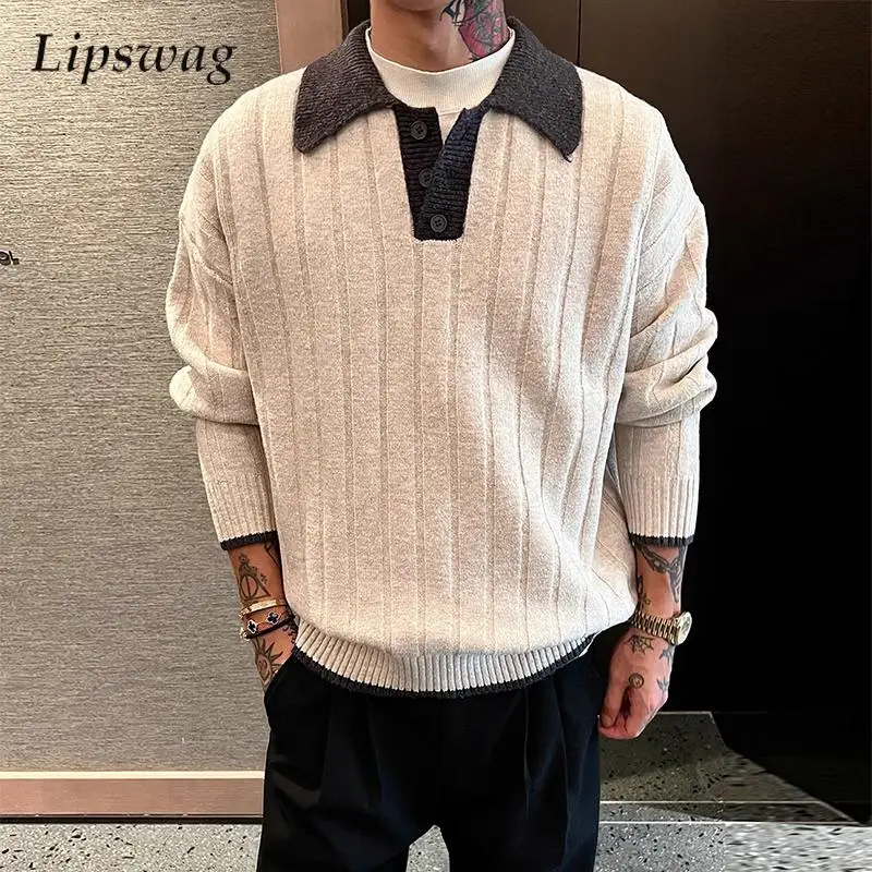 الشتاء اليومية عادية رجالي المرقعة البلوزات 2026 الربيع العصرية التباين اللون زر قمصان بولو محبوك الرجال سترة طويلة الأكمام #1