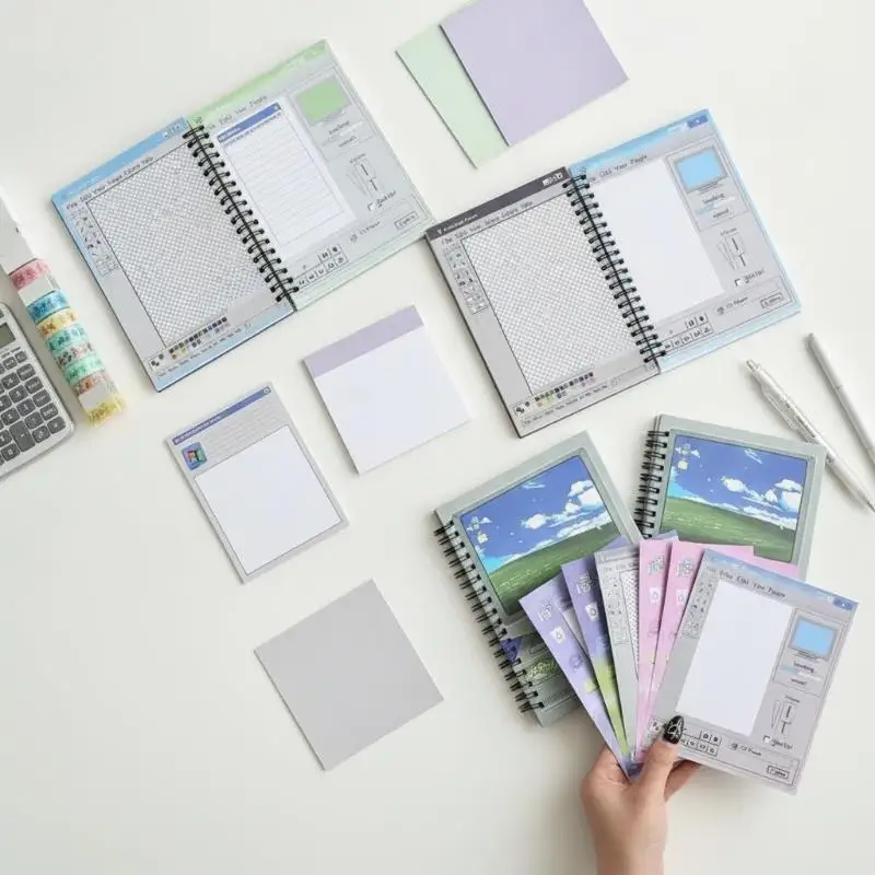 B6 100 Pages Spiral Notebook Y2K Retro Computer Style Desktop Layout Scrapbook for Birthday Gift for Teens