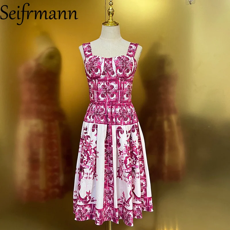 Seifrmann 2026 Sommer Damenmode Neues Modisches Trägerkleid aus Baumwolle mit Aufdruck und Taillenbetonung in Mittellänge