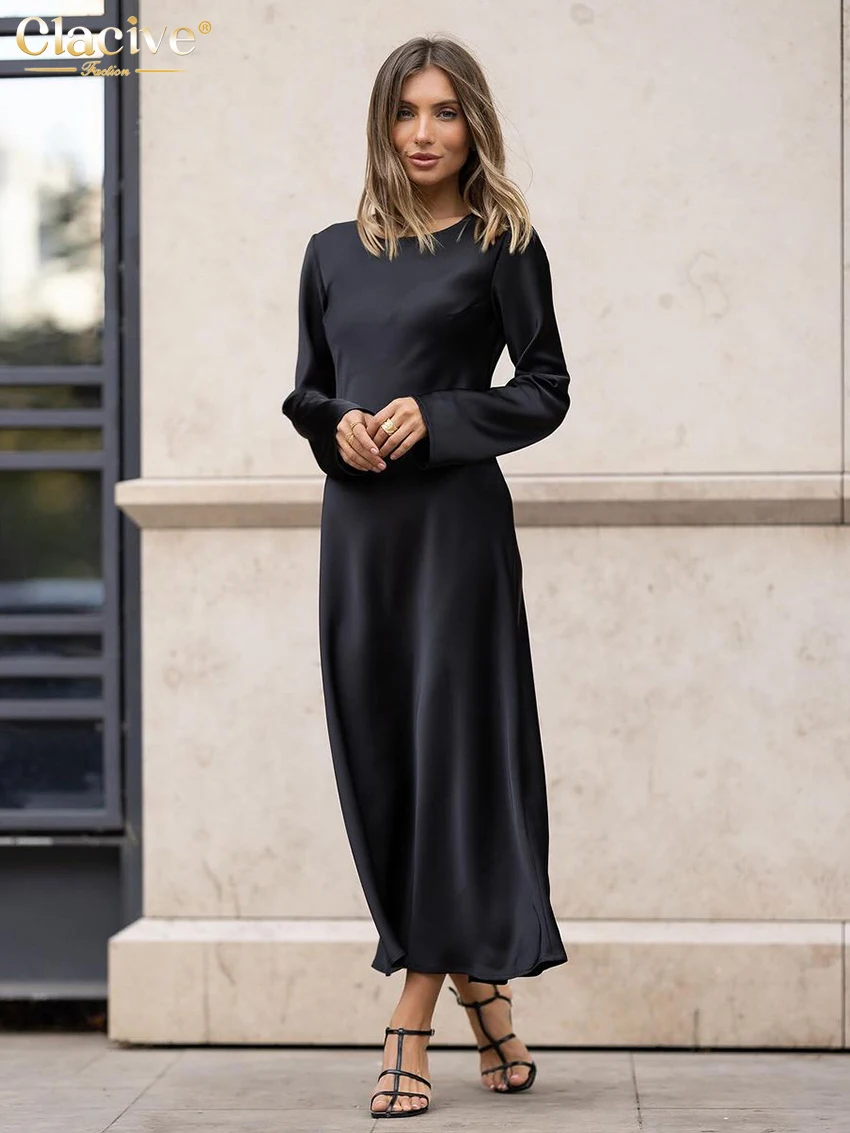 

Clacive Fashion Loose Black Satin Women's Dress 2025 Casual O-Neck Long Sleeve Ankle Length Dresses Elegant Simple Female Dress