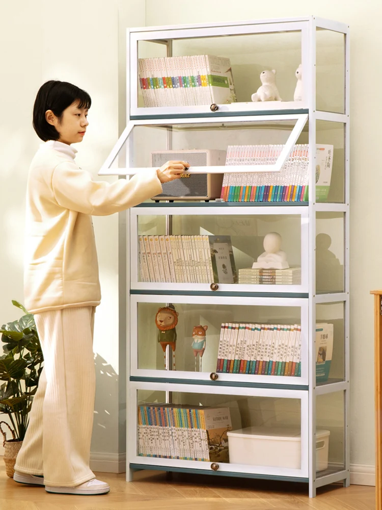 

Modern and minimalist bookcase with door, dustproof grid cabinet, solid wood bookshelf, narrow cabinet, floor to floor storage