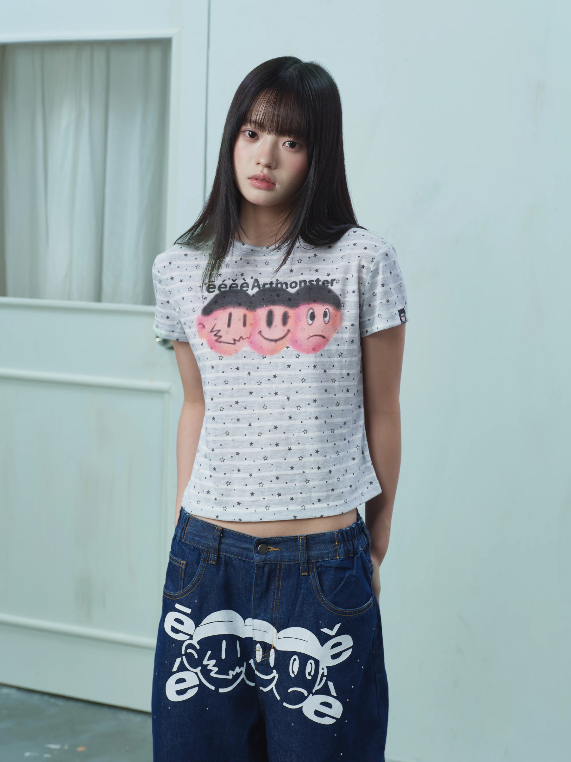 

Slim Fit Short Sleeve T-Shirt EeeexDaiv Star Wish Korean Style Headshot Print Design Summer Breathable Polyester Cotton Blend