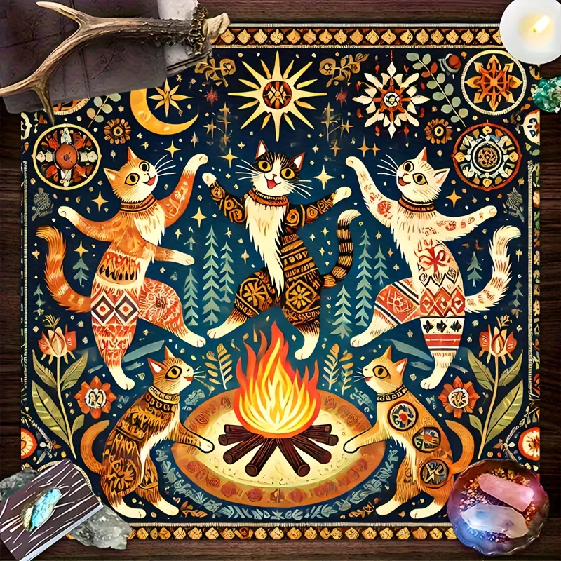 Tarot Cloth Astrology Tarot Cloth Neutral 1 Gorgeous Bohemian Square Altar Cloth - Magic Dancing Cat and Floral Celestial