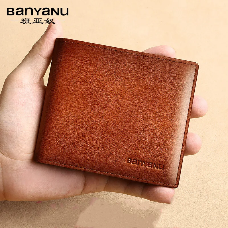 BanYaNu Genuine Leather Men Wallets Fashion With ID Window Credit Card Holder RFID Blocking Purse Luxury Brand Wallets for Men