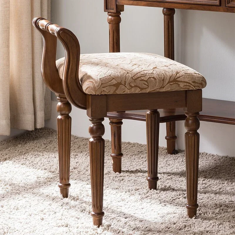 Carved Wooden Stool Luxurious Upholstered Makeup Chair with Backrest Princess Style Seating Elegant Home Furniture