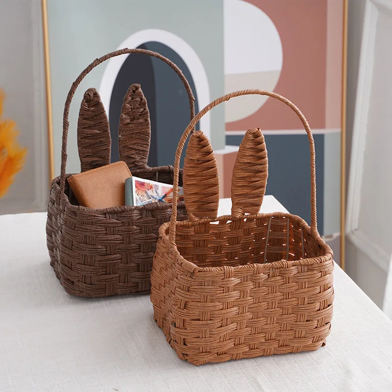 

Imitation Rattan Hand Basket Cute Rabbit Ears Fruit Vegetable Storage Basket Hand-woven Flower Basket Home Storage Organizers